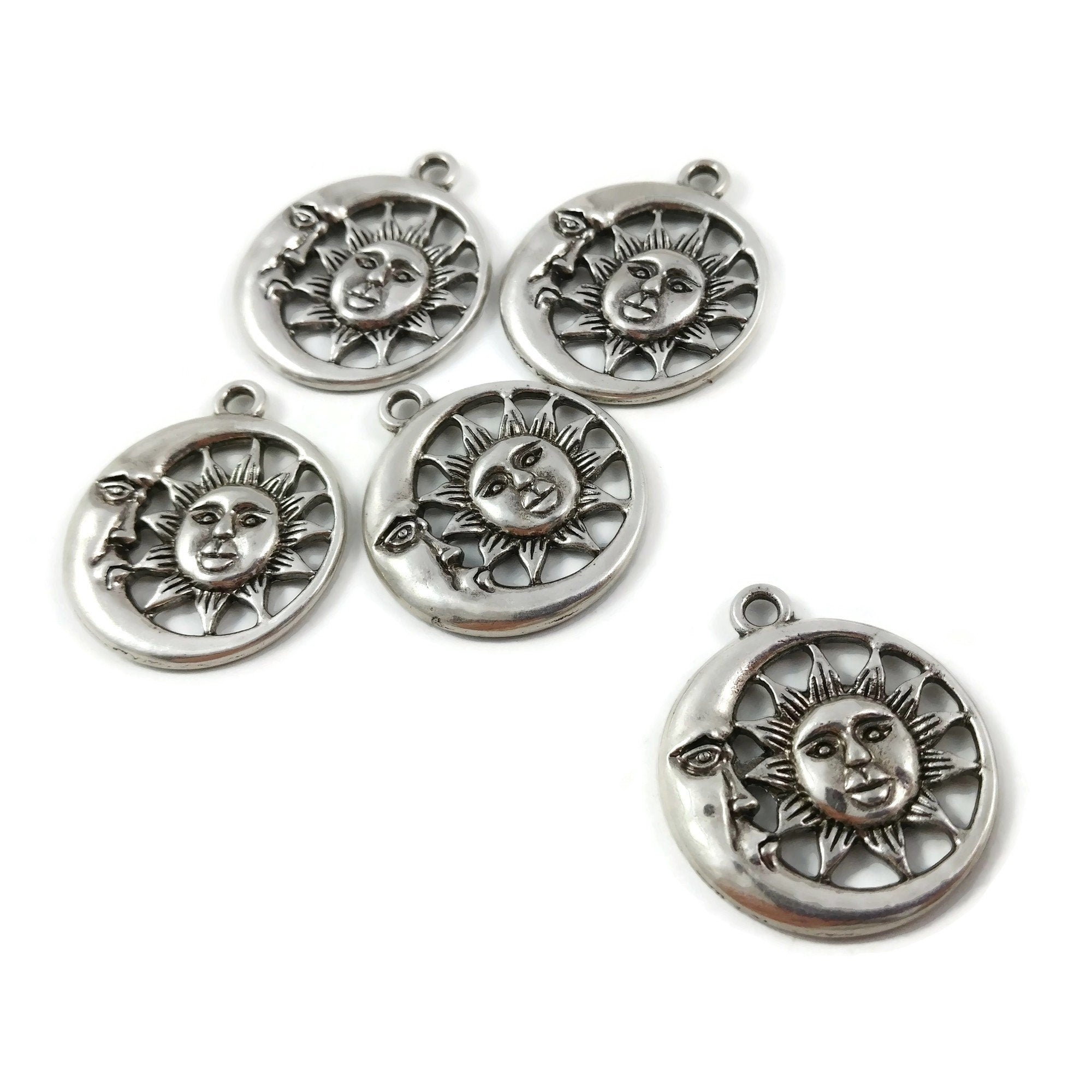 5 sun and moon charms, 30mm nickel free metal pendants, 3D charms for jewelry making