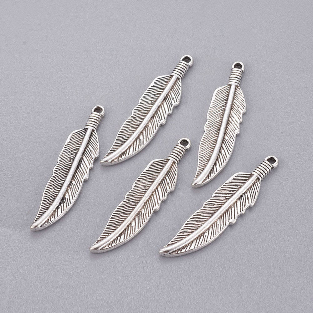 5 feather charms, 40mm nickel free metal pendants, 3D charms for jewelry making