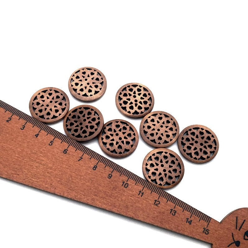 Carved wooden buttons, 25mm sewing buttons, 6 hollow flower buttons, Unique knitting buttons, 1 inch wood buttons