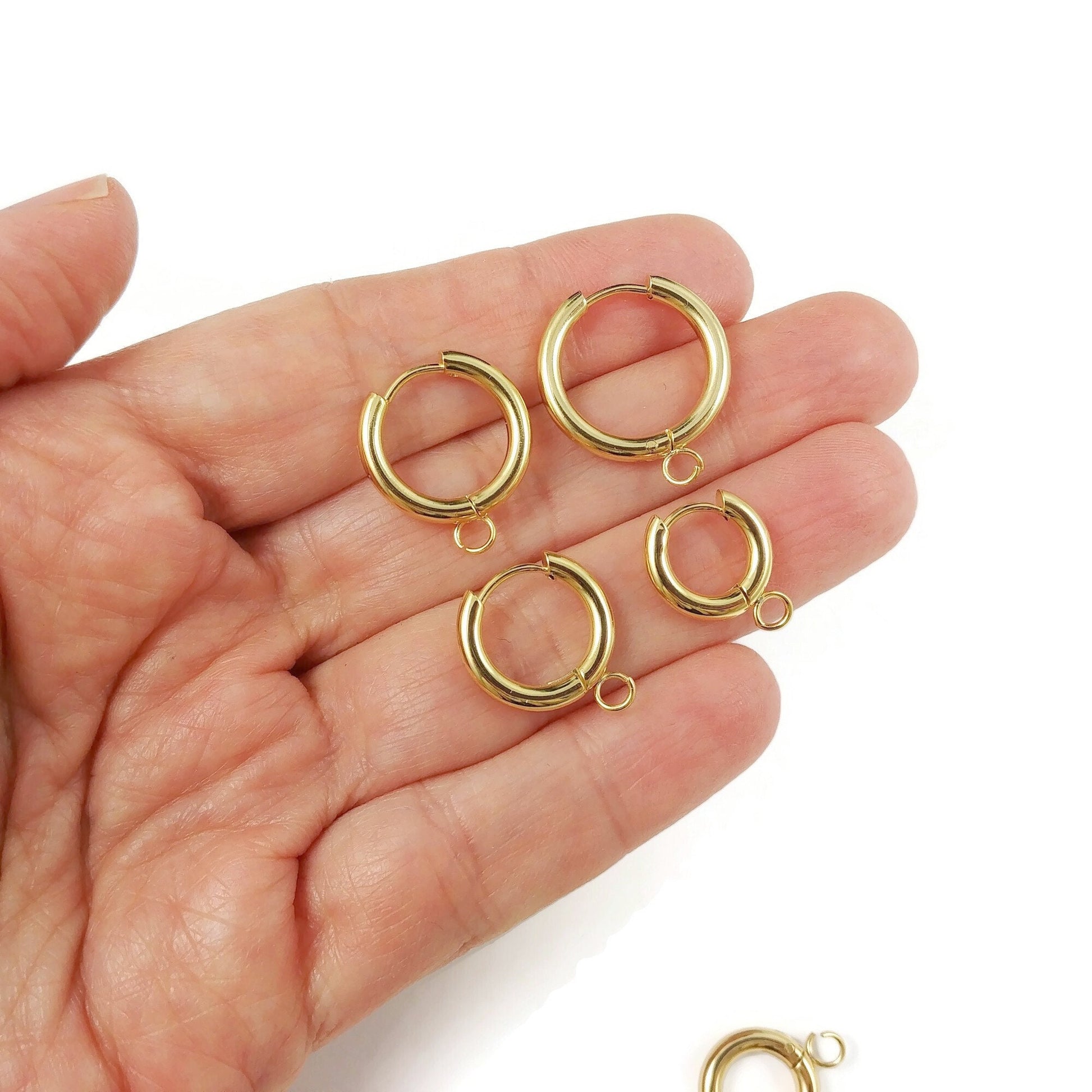 Stainless steel huggie hoops with loop, Gold, Silver, Earring findings, Small round hoops for jewelry making