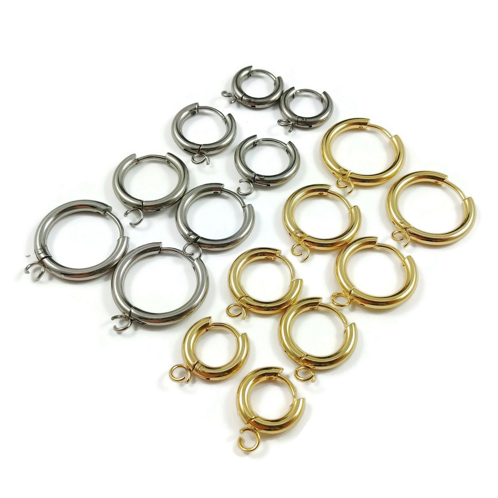 Stainless steel huggie hoops with loop, Gold, Silver, Earring findings, Small round hoops for jewelry making