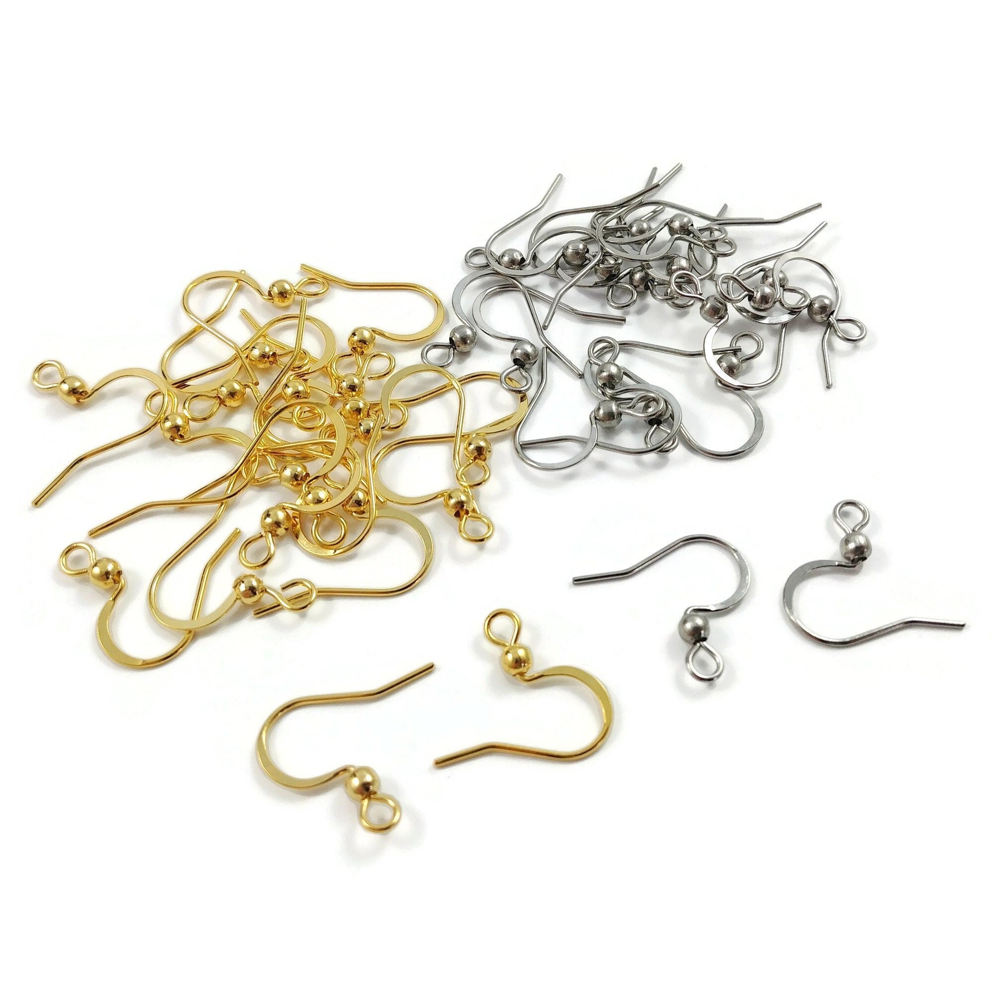 Stainless steel flat french earring hooks, 20 pcs (10 pairs) hypoallergenic ear wire, Silver, Gold