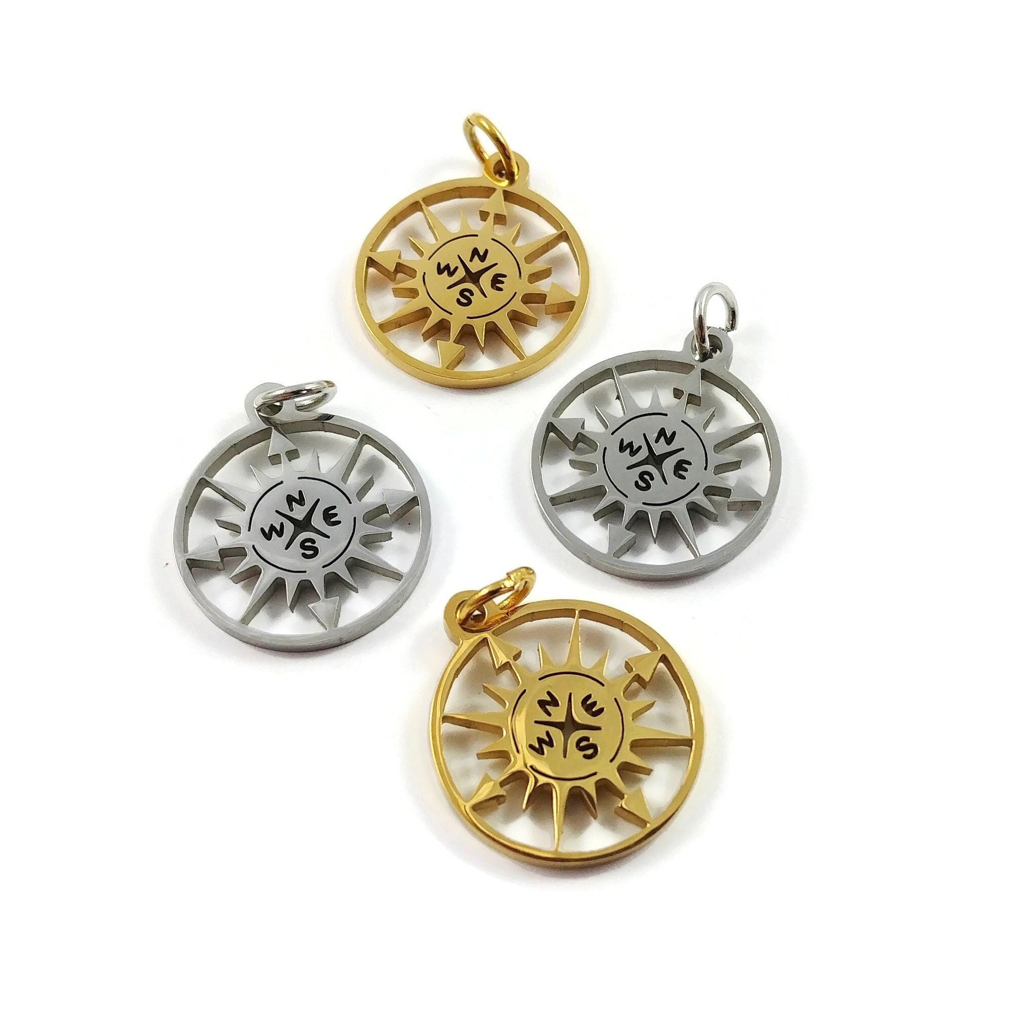 Compass rose charm, Stainless steel DIY necklace pendant, Travel nautical pendant, gold silver plated charms