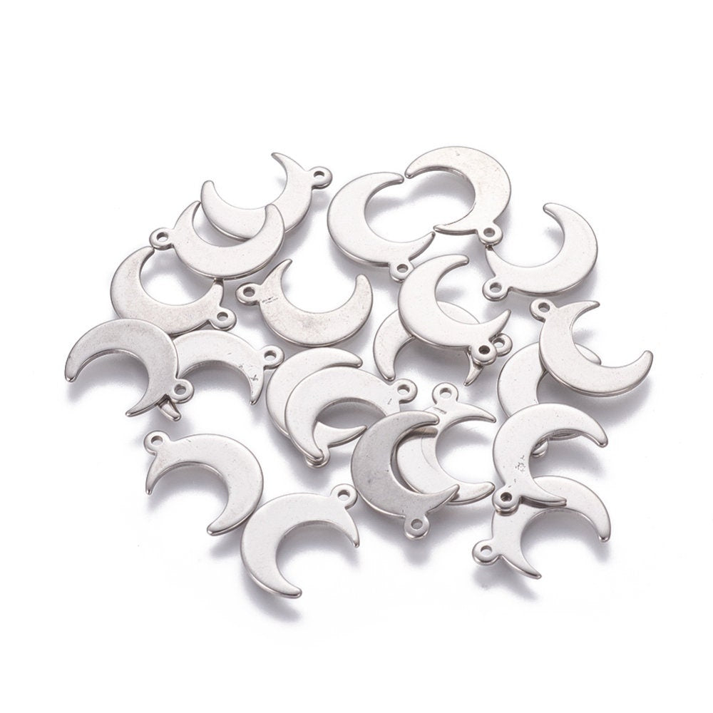 10 silver moon charms, Small stainless steel charms, Crescent moon pendants for jewelry making