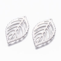 10 silver leaf charms, Small stainless steel charms, Leaf pendants for jewelry making