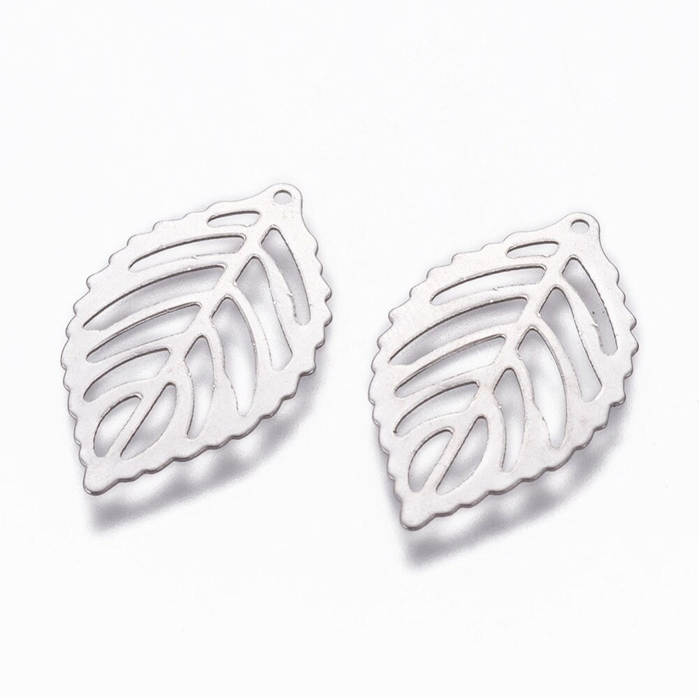 Silver leaf charms, Small stainless steel pendants for jewelry making