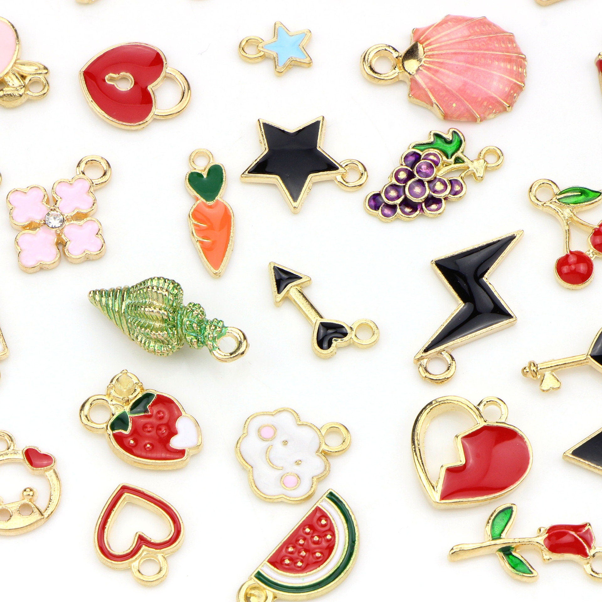 30 fun assorted enamel charms, Nickel free metal pendants, Cute mixed shapes for jewelry making