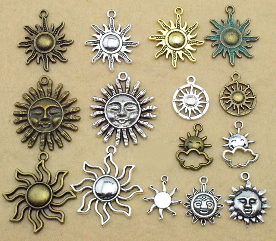 10 assorted sun charms, Nickel free metal pendants, Celestial mixed charms for jewelry making