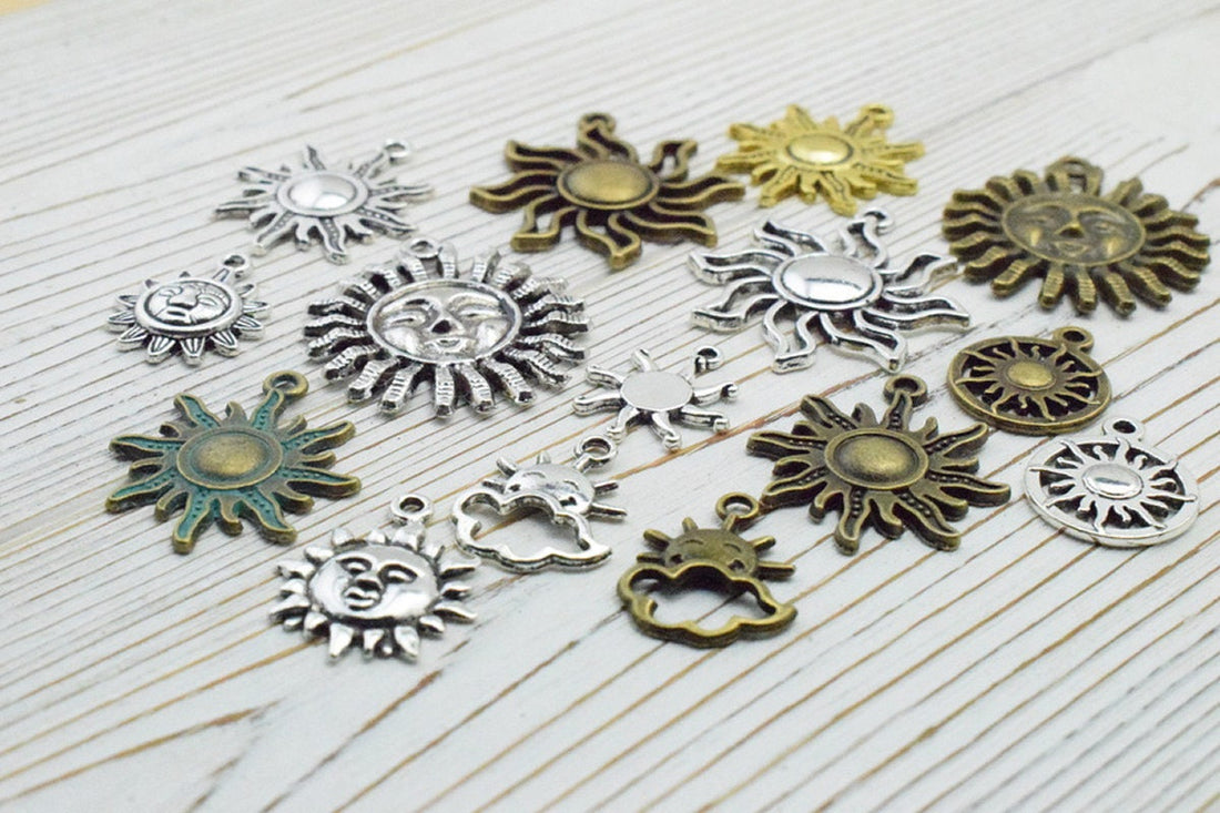 10 assorted sun charms, Nickel free metal pendants, Celestial mixed charms for jewelry making
