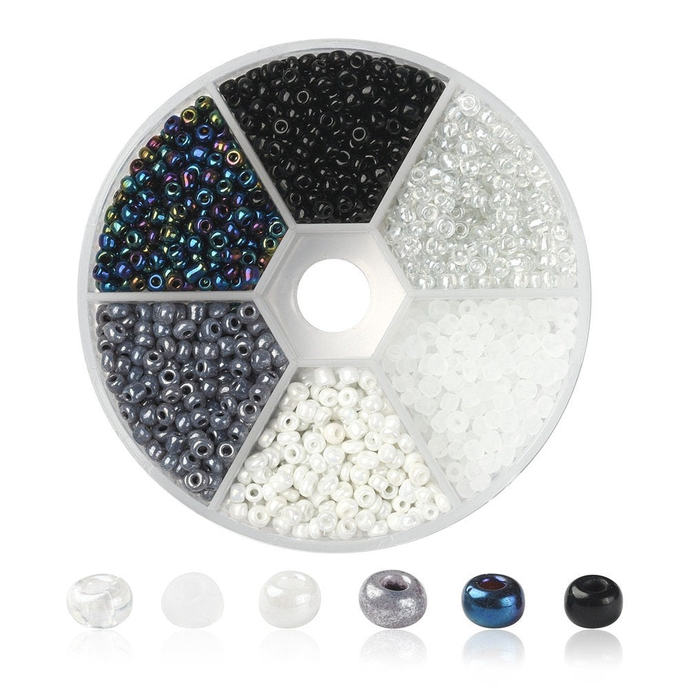 Glass seed beads kit, Assorted black white grey, 2mm 3mm 4mm, Jewelry making set