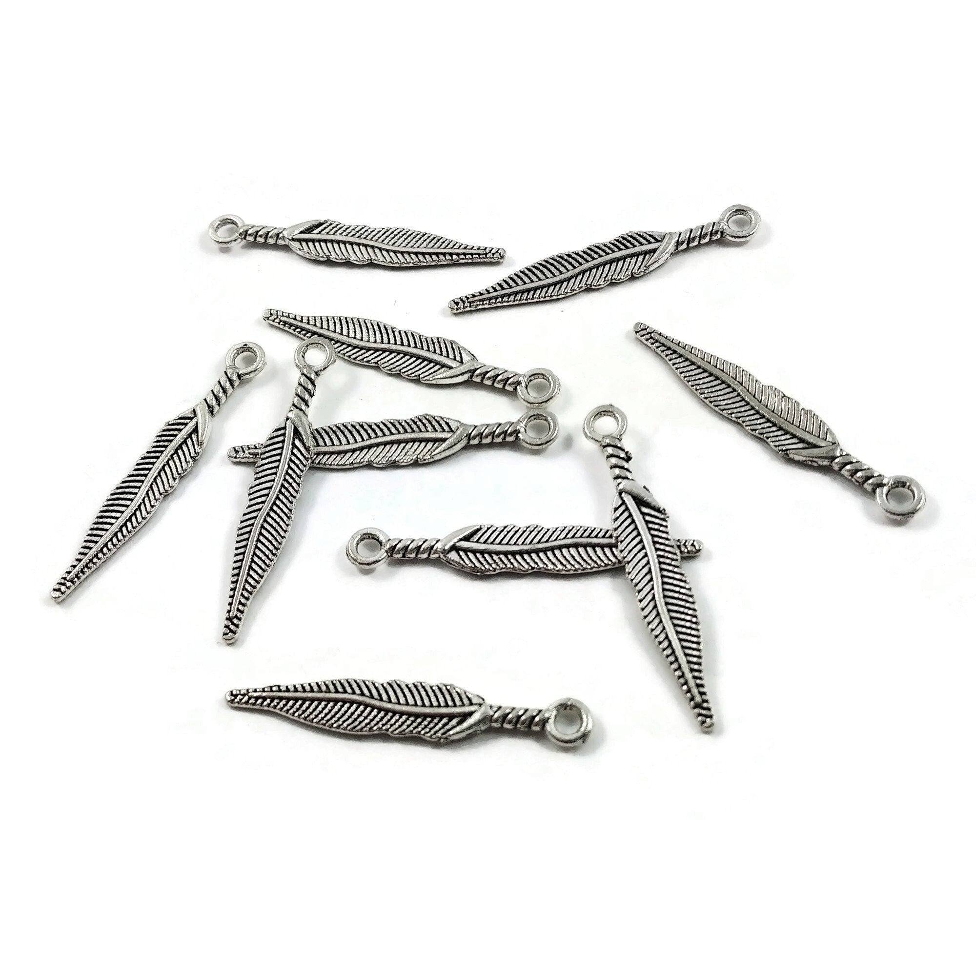 10 feather charms, 29mm nickel free metal pendants