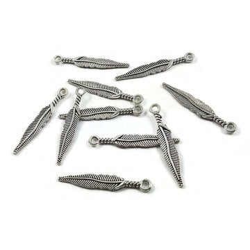 10 Pendentifs plume argent de 29mm - Sans nickel, sans plomb et sans cadmium