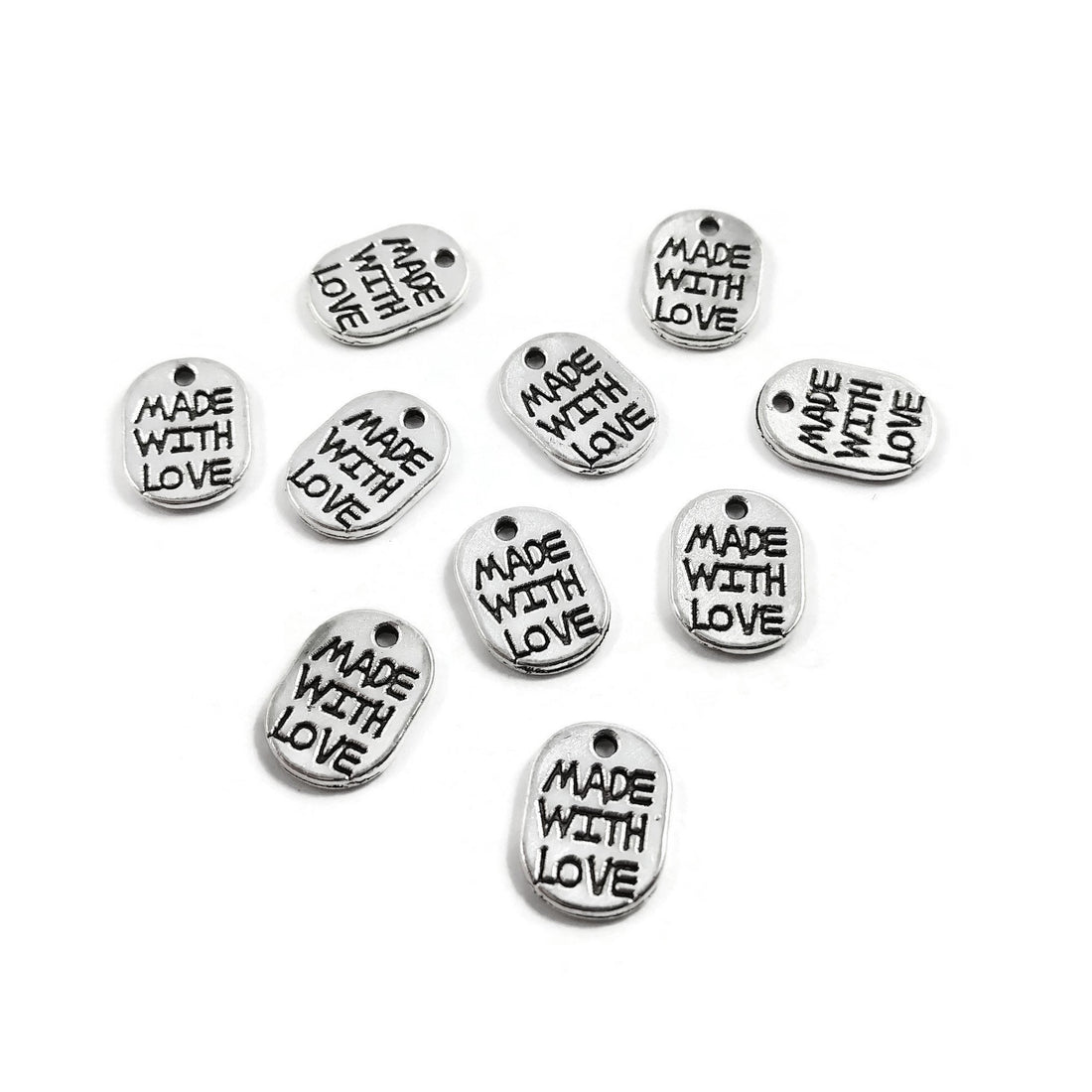 10 MADE WITH LOVE charms, 11mm nickel free metal pendants, Charms for jewelry making