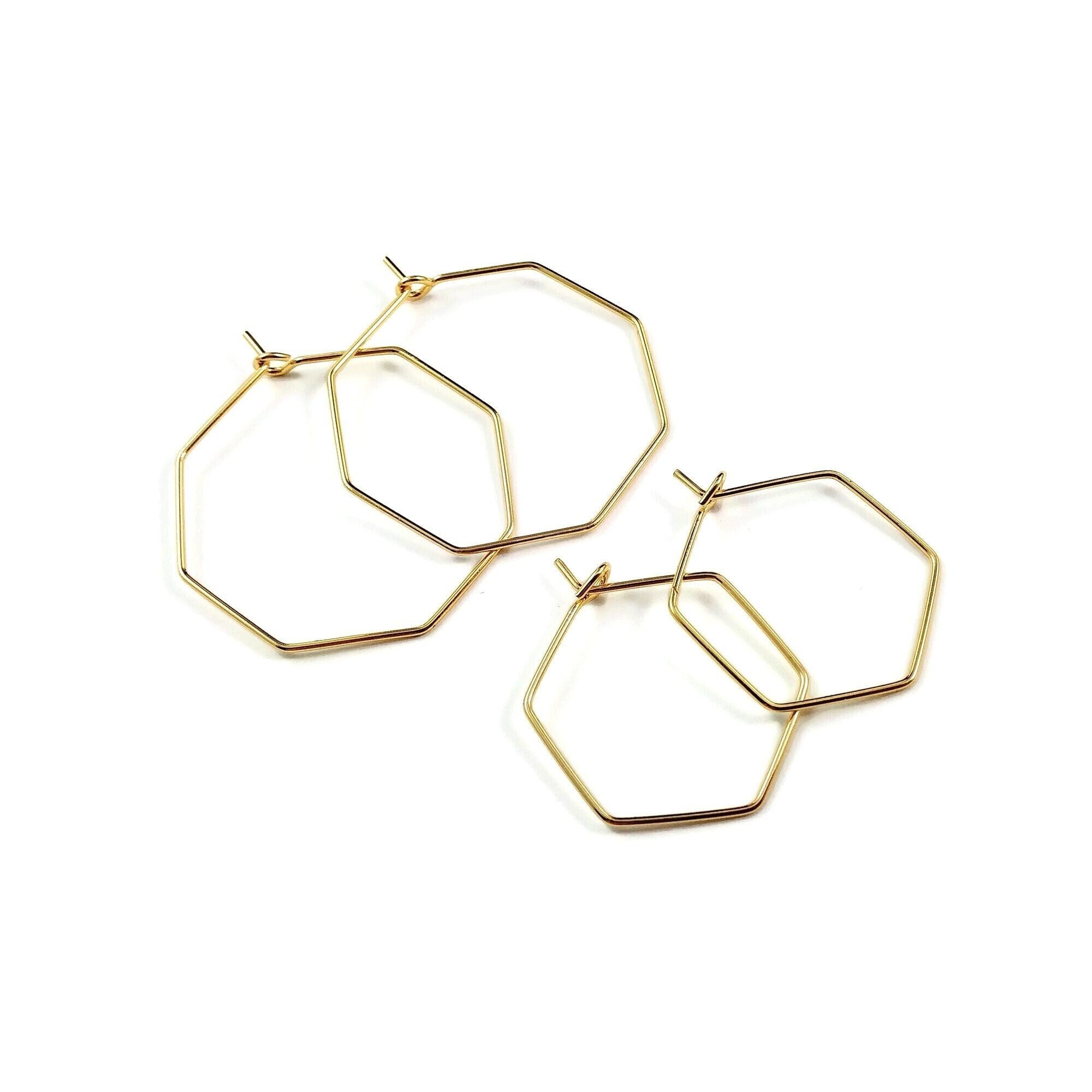 18K Gold plated hexagon hoops 2pcs (1 pair) - 2 size available - Nickel free brass geometric earwire