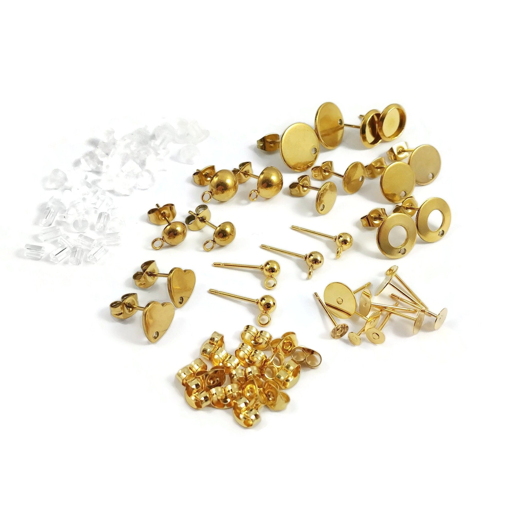 Earring making starter kit, Gold stainless steel posts, 50pcs sample p
