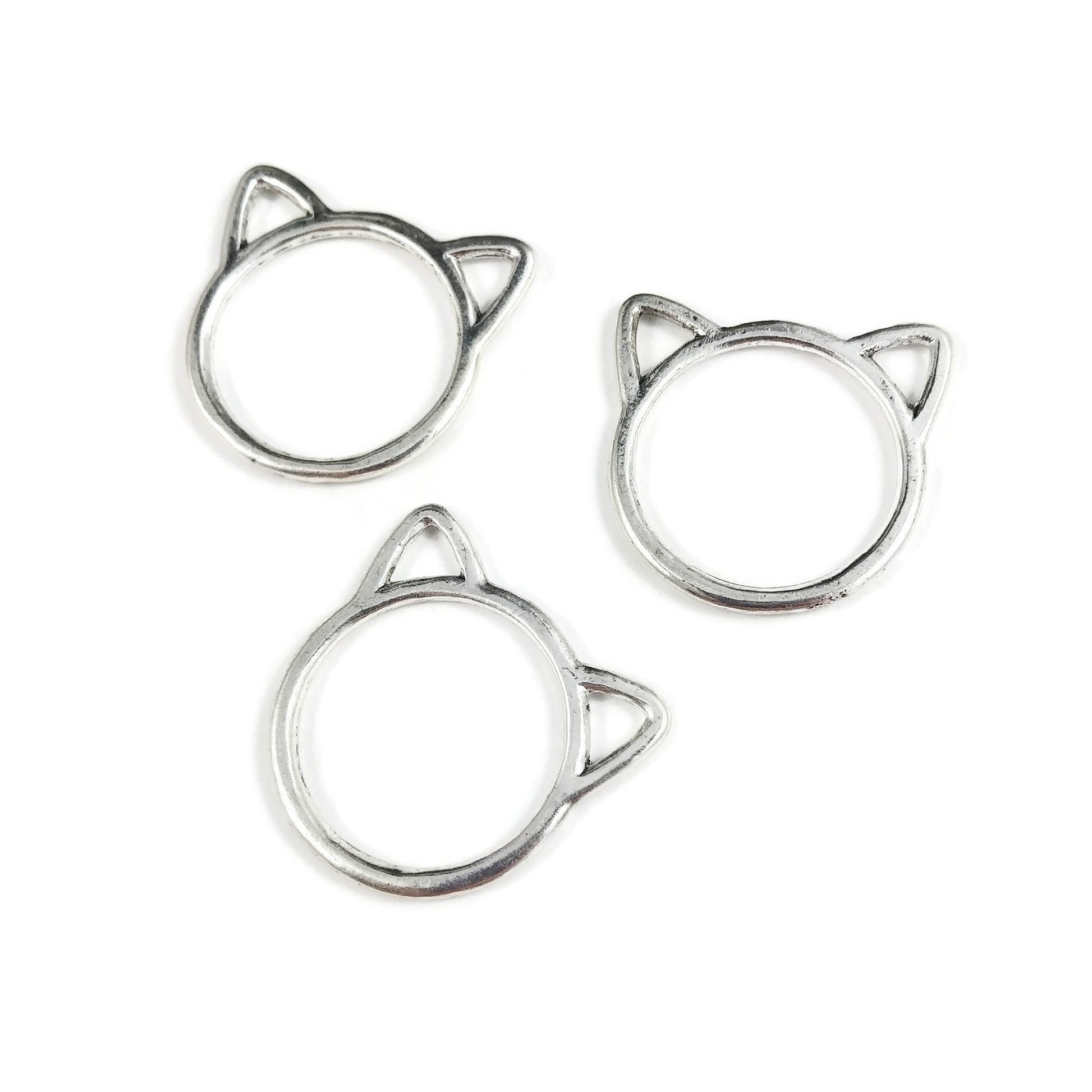 5 cute cat charms, 24mm silver metal pendants, Connector for jewelry making