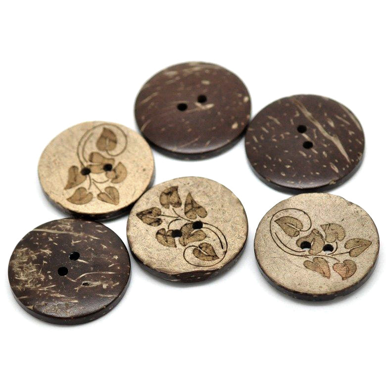 6 Brown Leaf pattern Coconut Shell Buttons 28mm - Natural and Eco Friendly round sewing button