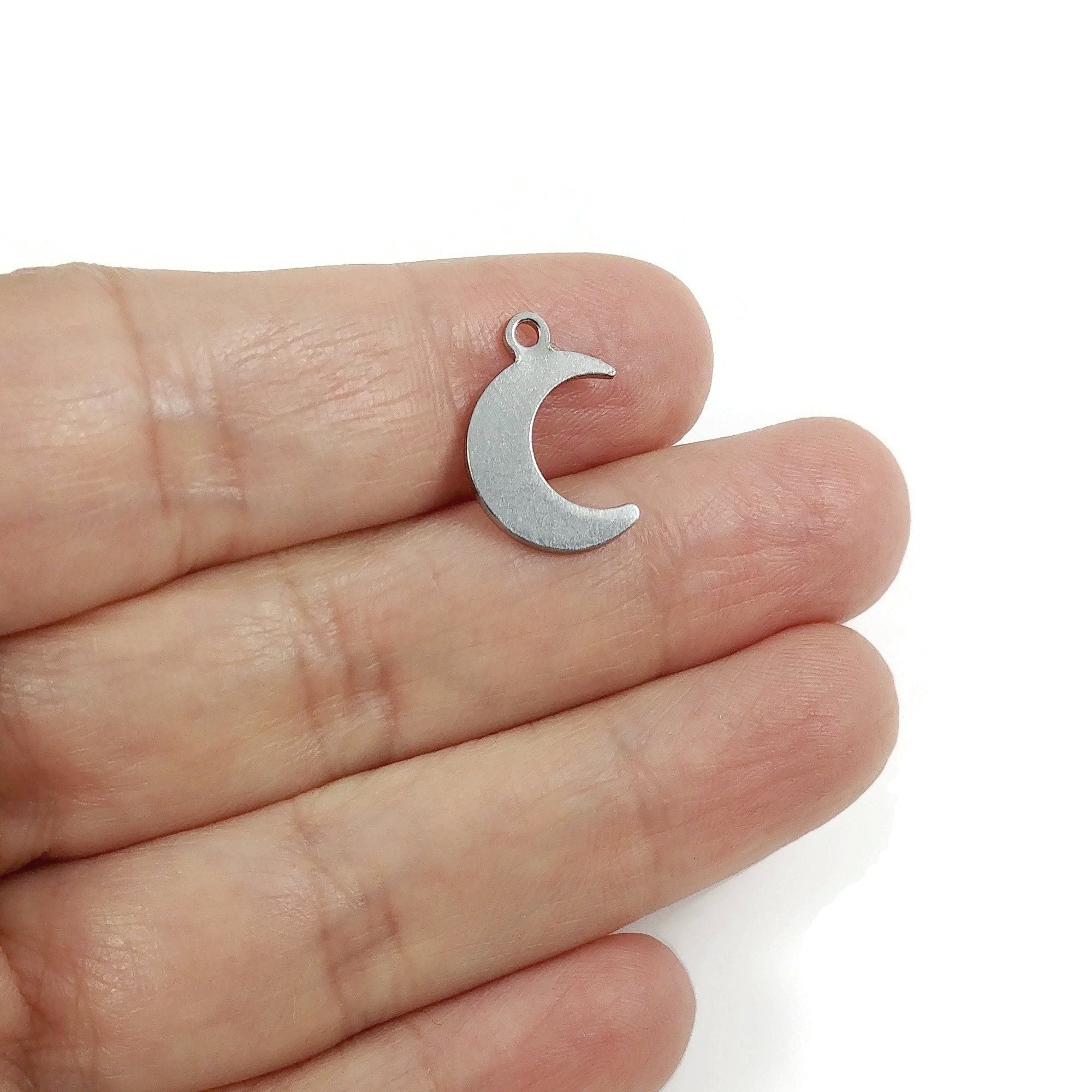 10 silver moon charms, Small stainless steel charms, Crescent moon pendants for jewelry making