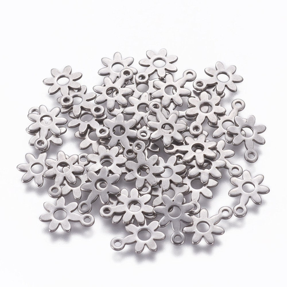 Silver daisy flower charms, Stainless steel jewelry making supplies