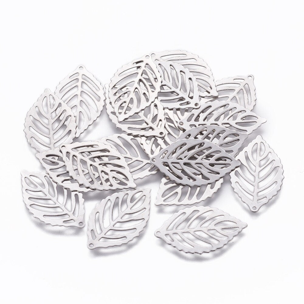 10 silver leaf charms, Small stainless steel charms, Leaf pendants for jewelry making