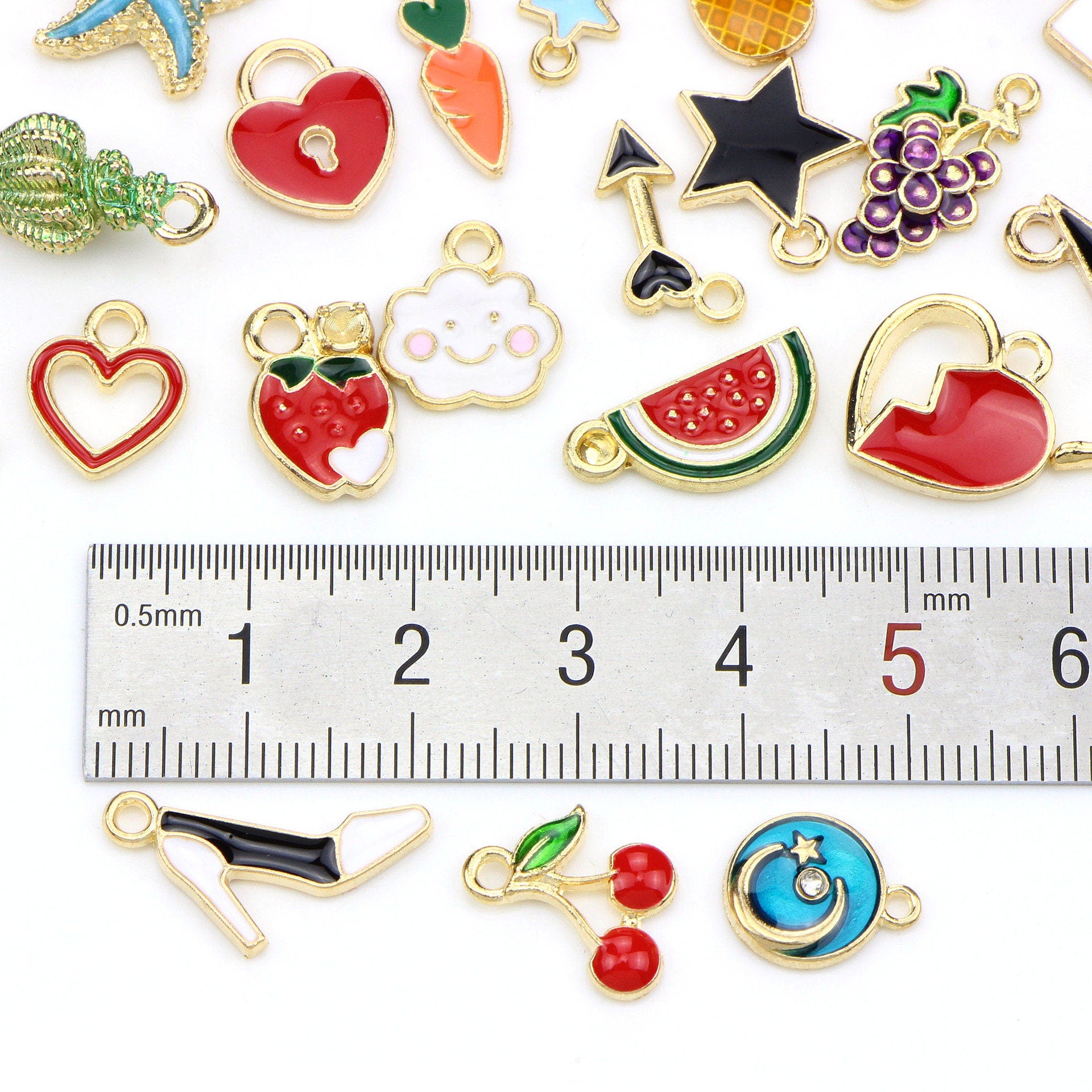30 fun assorted enamel charms, Nickel free metal pendants, Cute mixed shapes for jewelry making