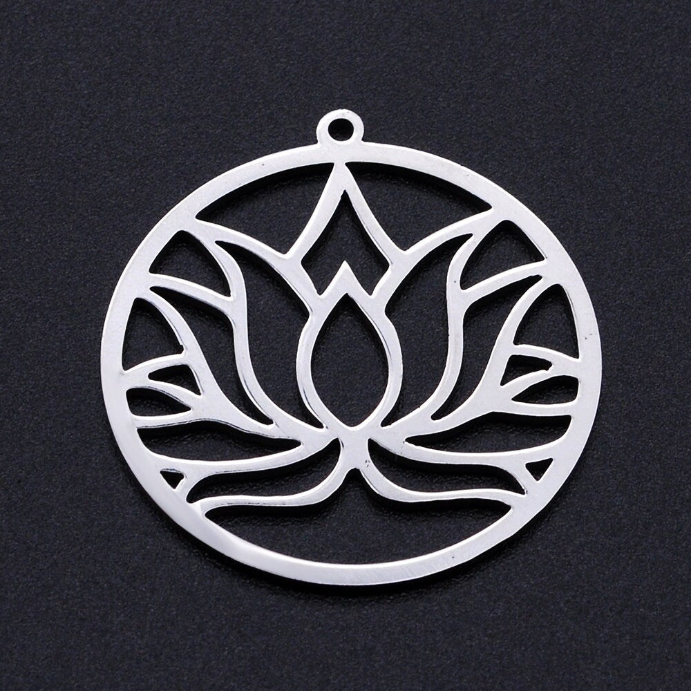Lotus stainless steel pendant, Hypoallergenic DIY necklace supplies, Zen flower charm for jewelry making