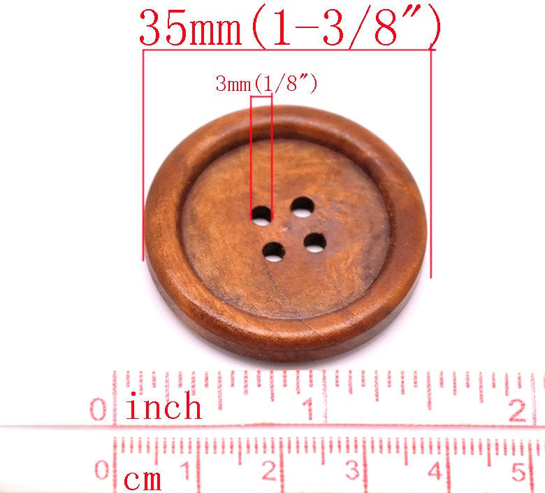 Gros Bouton Brun Rouge - 4 boutons en bois de 35mm