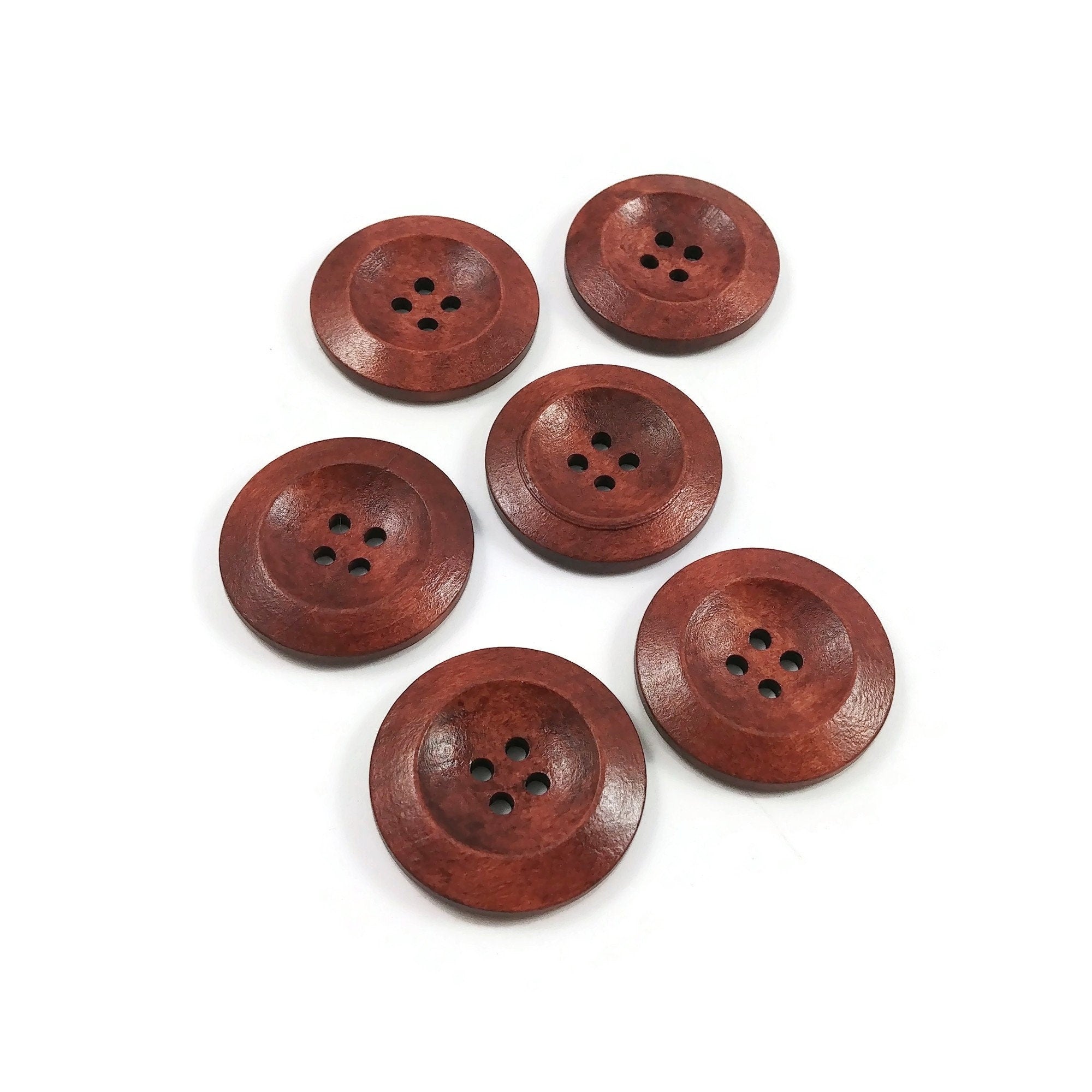 30mm wooden buttons, Red brown sewing buttons, 6 craft knitting buttons