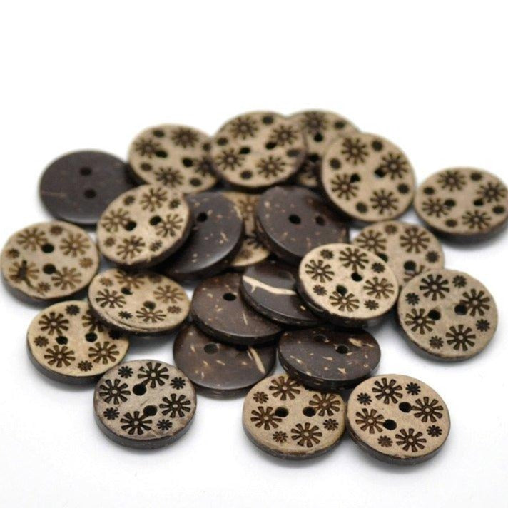 10 Brown Coconut Shell Buttons 15mm -  Primitive Flowers