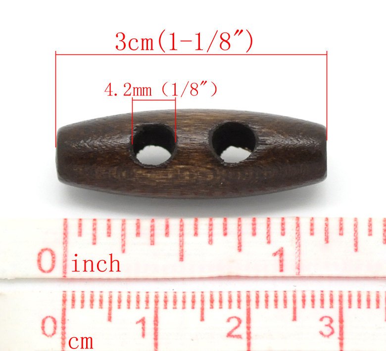 6 small wooden Toggle Buttons - Dark Brown 3 x 1cm