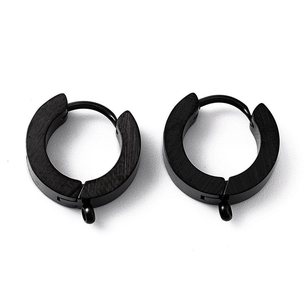 Black huggie hoops with loop, Stainless steel earring findings, Jewelry making DIY hoop with charms