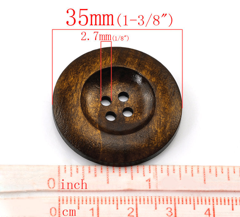 Bouton de bois marron foncé de 3.5cm - ensemble de 6 boutons en bois naturel