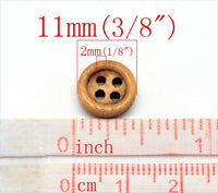 Mini Wood button - Brown 4 Holes Wooden Sewing Buttons 11mm - set of 36