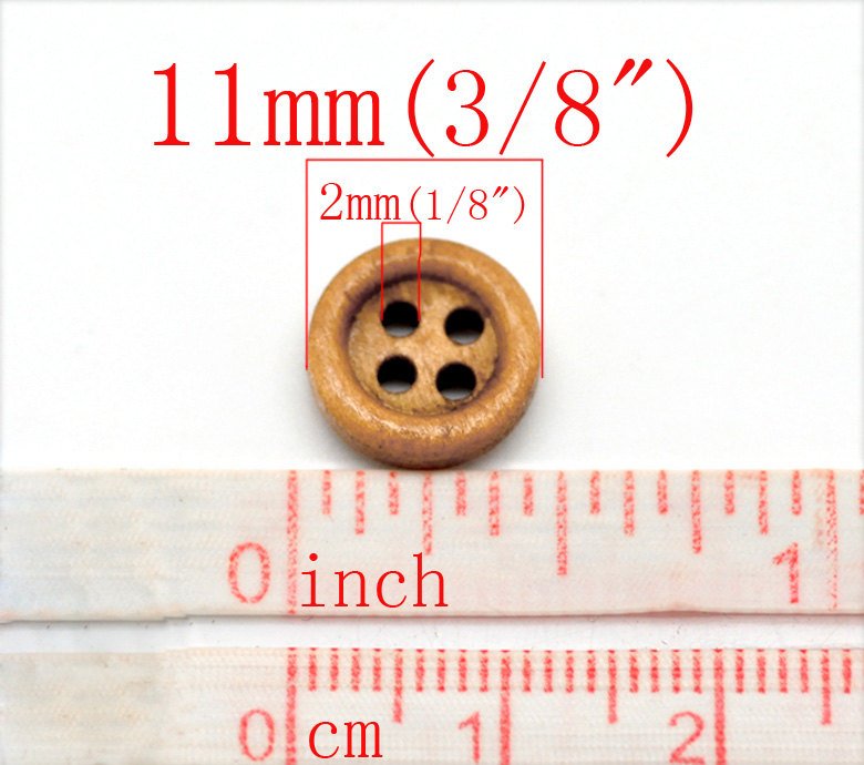 36 Mini Bouton de bois à 4 trous de 11mm - couleur café