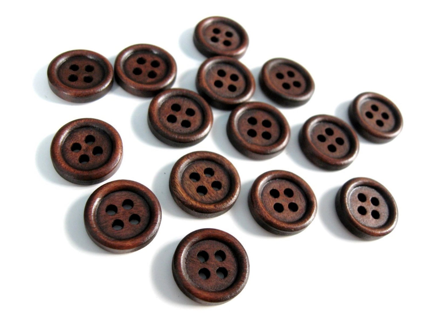 Wood button - Dark Brown 4 Holes Wooden Sewing Buttons 15mm - set of 15