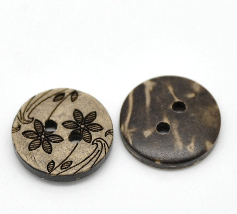 10 Brown Coconut Shell Buttons 15mm -  Wildflowers