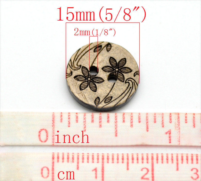 10 Brown Coconut Shell Buttons 15mm -  Wildflowers
