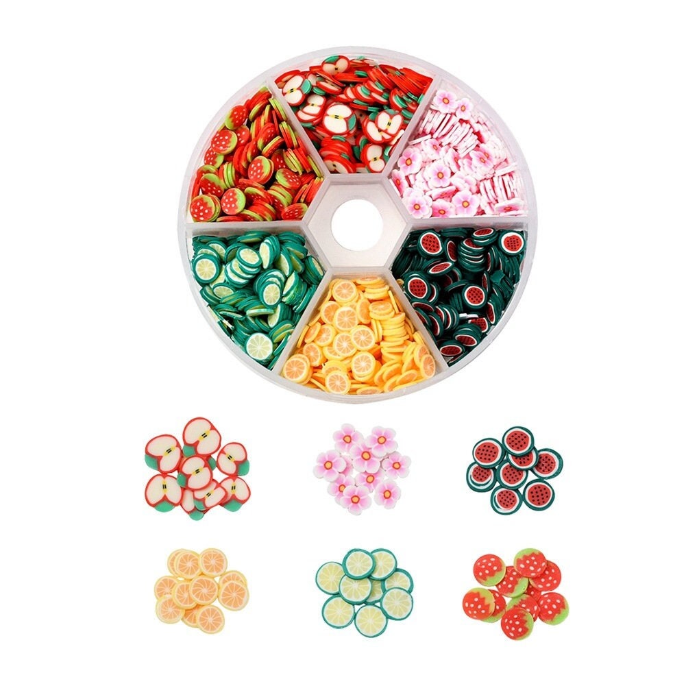 1800 fruit clay slice, Jewelry making cabochon set, 6 assorted colors box, Nail art decoration