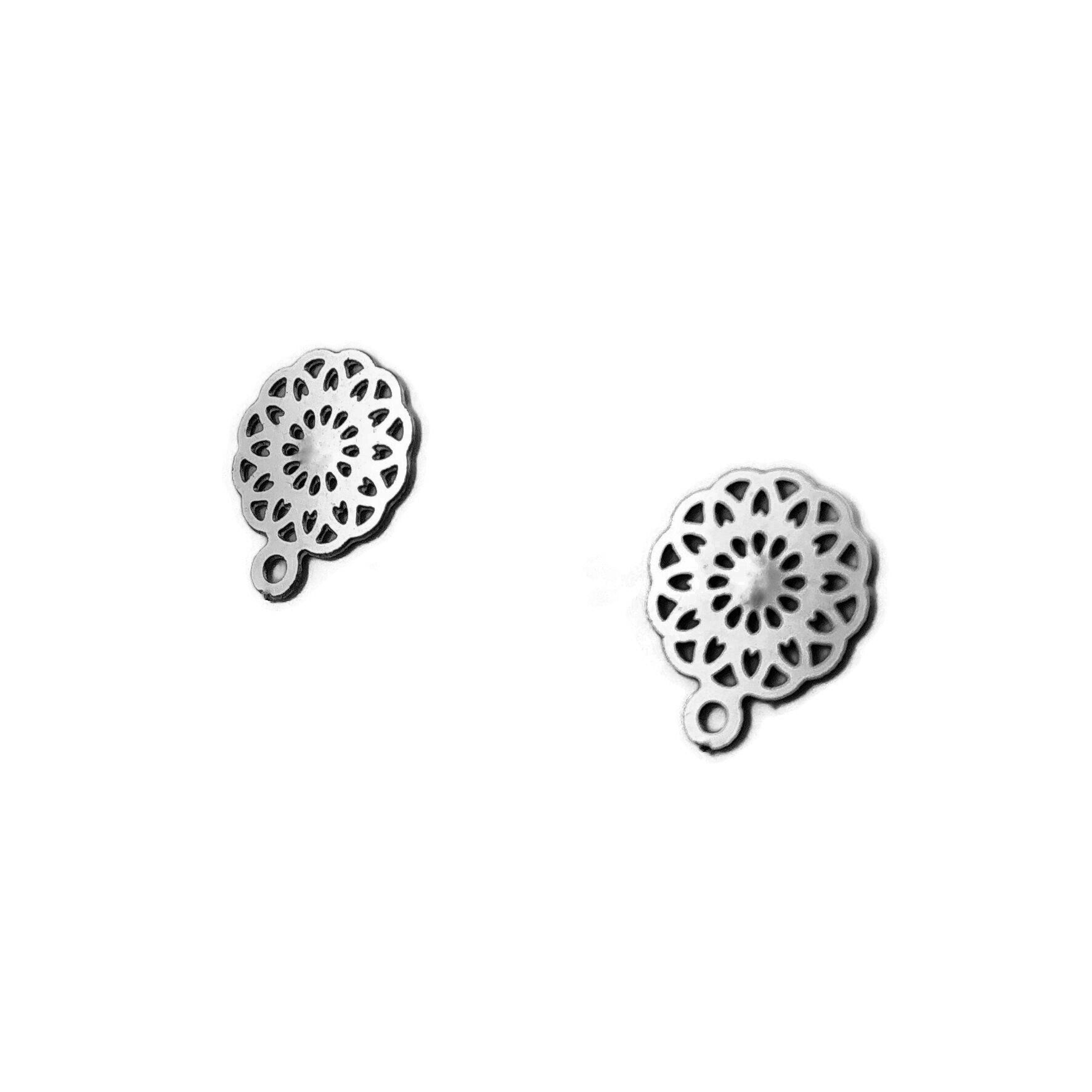Filigree flower earring posts, 5 pairs stainless steel studs with loop, Hypoallergenic jewelry findings