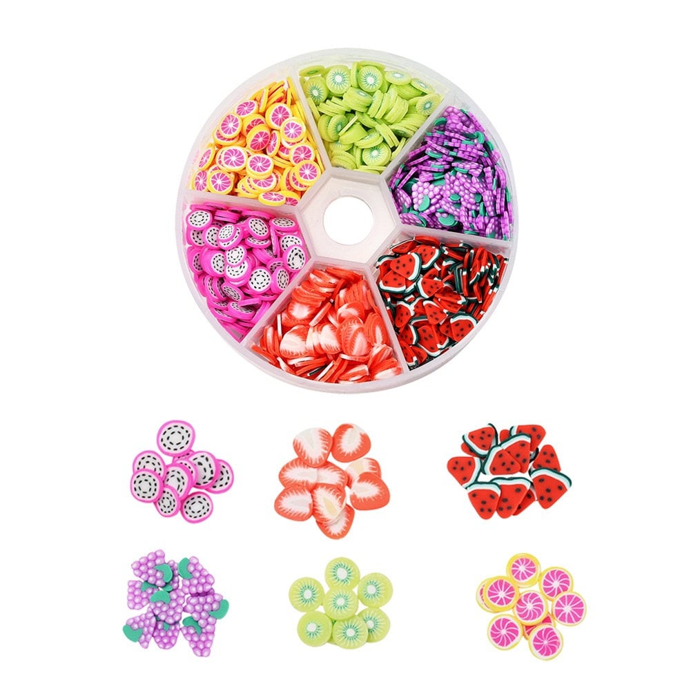 1800 fruit clay slice, Jewelry making cabochon set, 6 assorted colors box, Nail art decoration