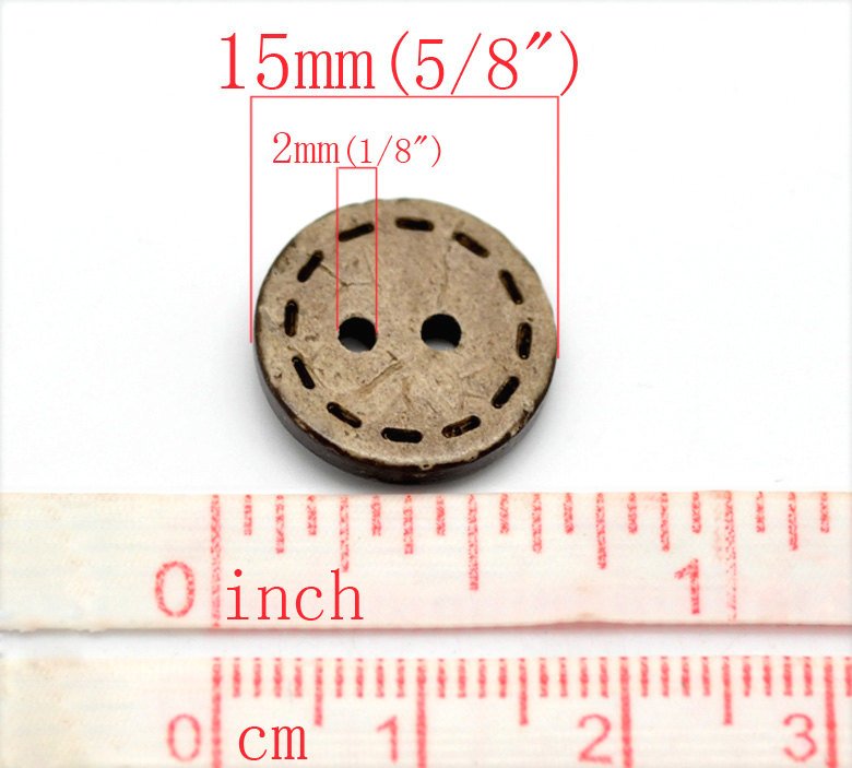 10 Boutons en bois de coco 15mm - motif de points