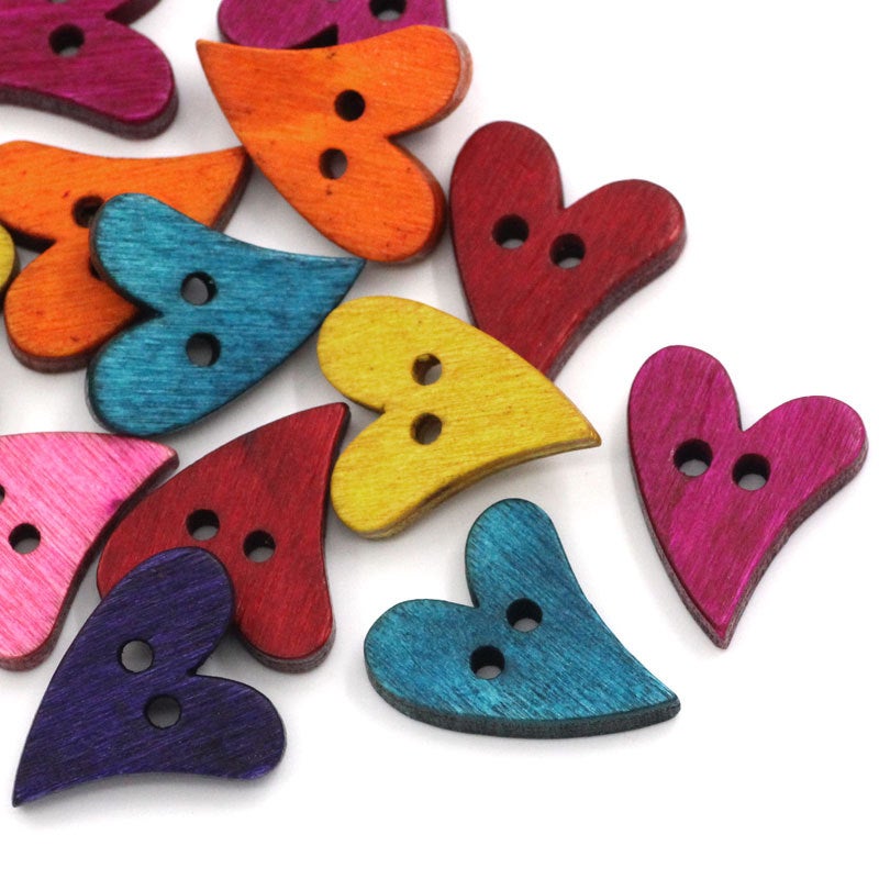 Wood sewing buttons 20mm - Hearts shapes 25 Mixed Colors Buttons 