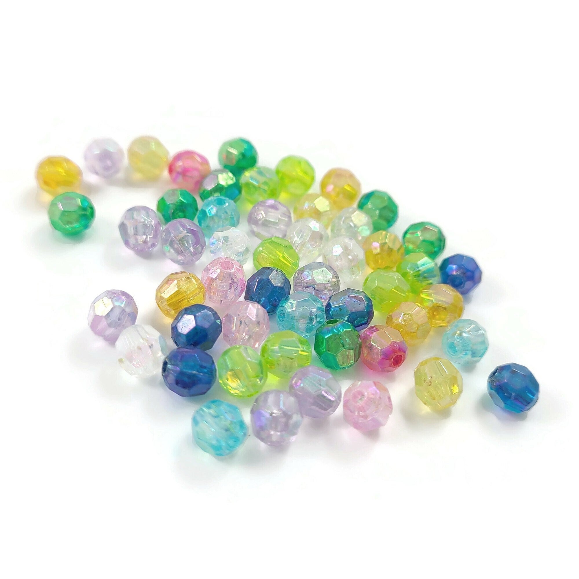 50 mixed transparent pearly faceted beads, Assorted 6mm plastic beads for jewelry making