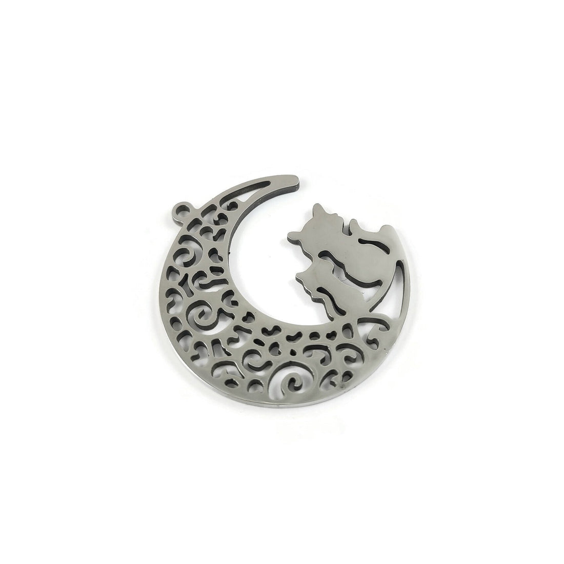Cat and moon pendant, Stainless steel hypoallergenic, DIY celestial necklace pendant