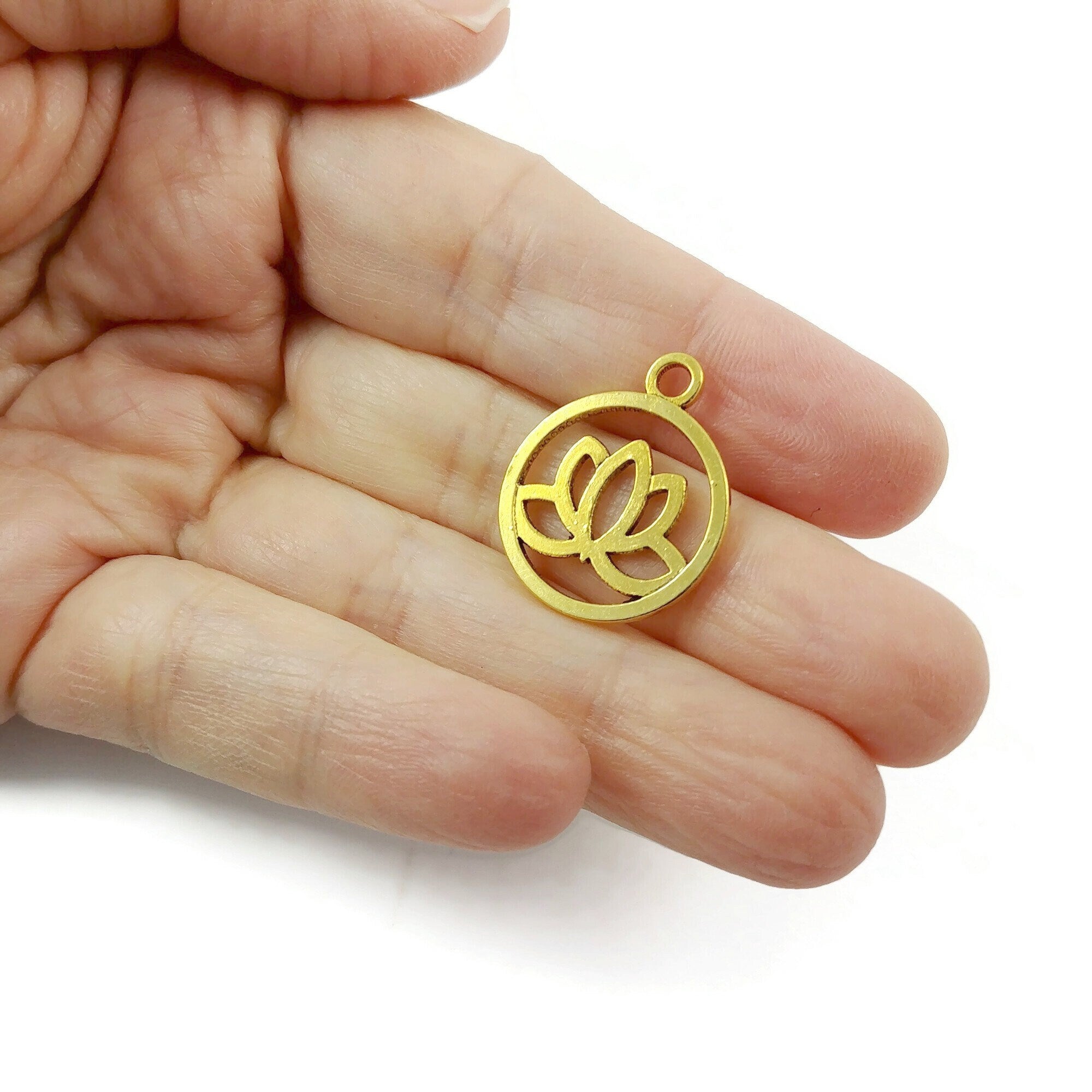 Gold lotus charms, Nickel free metal pendants, Yoga, zen, chakra jewelry making