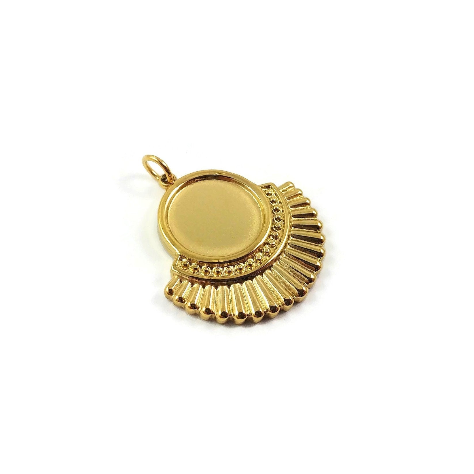 14K gold plated pendant, Stainless steel cabochon setting, Jewelry making supplies