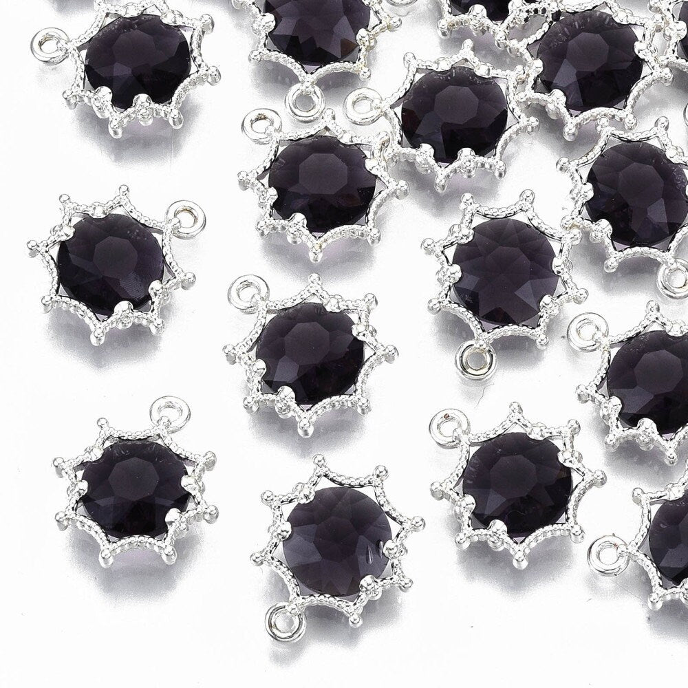 Tiny black crystal charms, 15mm nickel free metal pendants, Charms for jewelry making