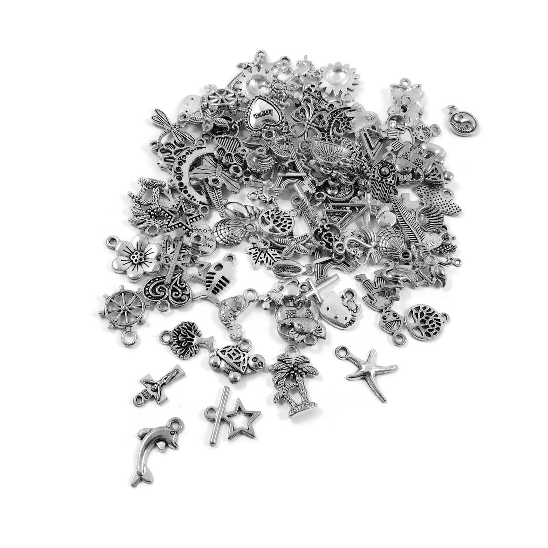 100 assorted bulk charms, Nickel free metal mixed pendants, Silver charm mix grab bag for jewelry making