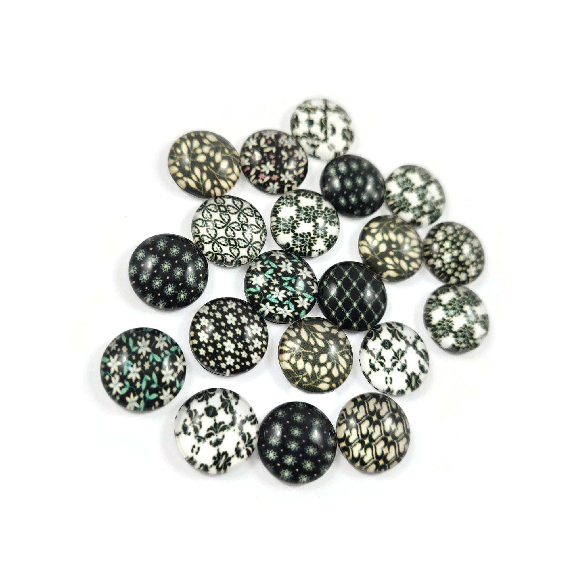 Mixed black floral glass cabochons - set of 20 round dome cabochons - 12mm