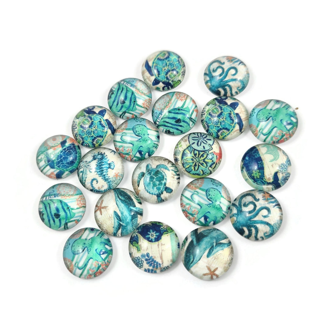 Mixed ocean wildlife glass cabochons - set of 20 round dome cabochons - 10, 12 or 14mm
